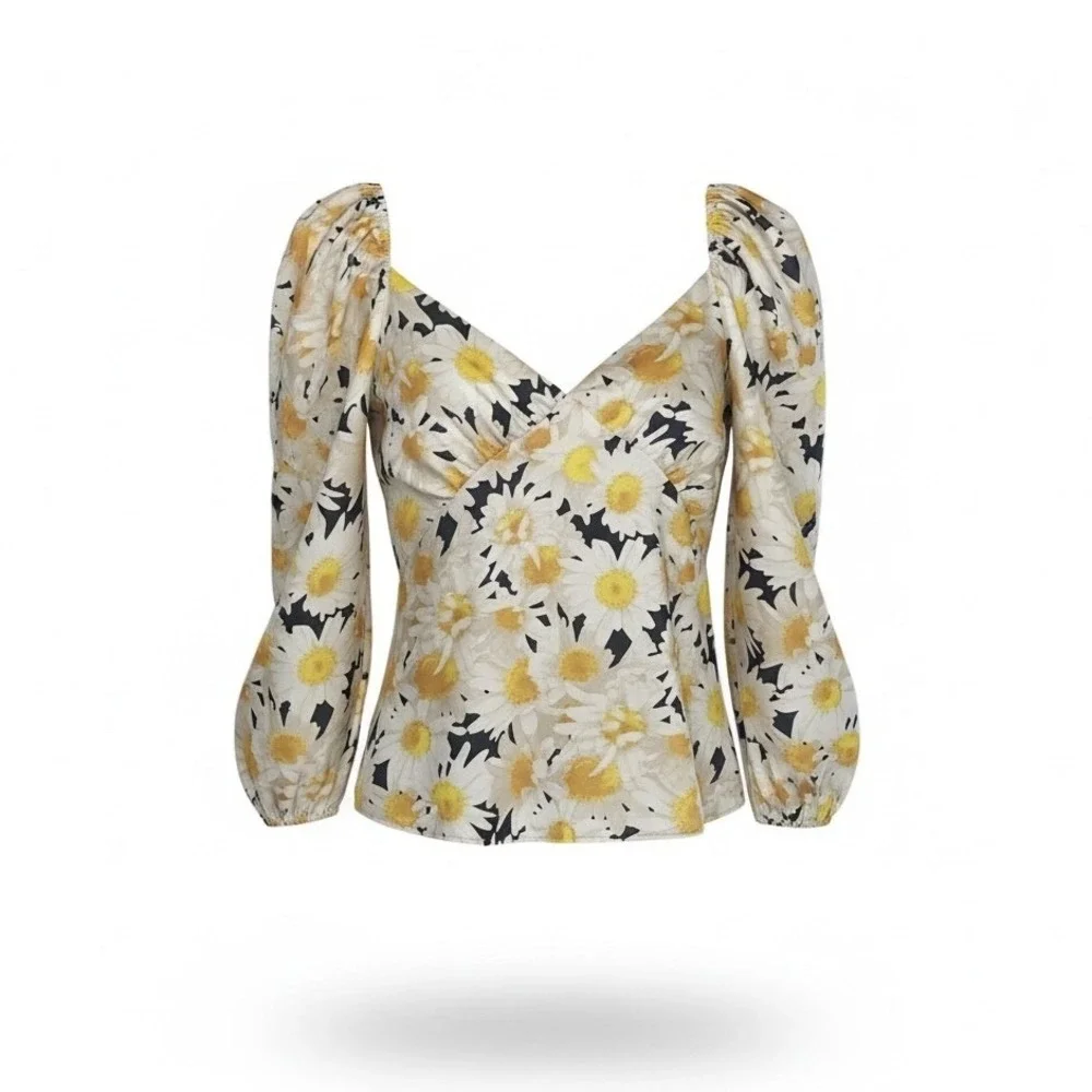 Zara Daisy Floral Top Womens Medium Yellow Puff Sleeve Smocked Sweetheart Blouse